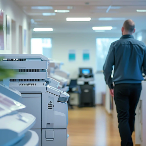 office space with man in blue shirt walking away past a printer and other office supplies 1